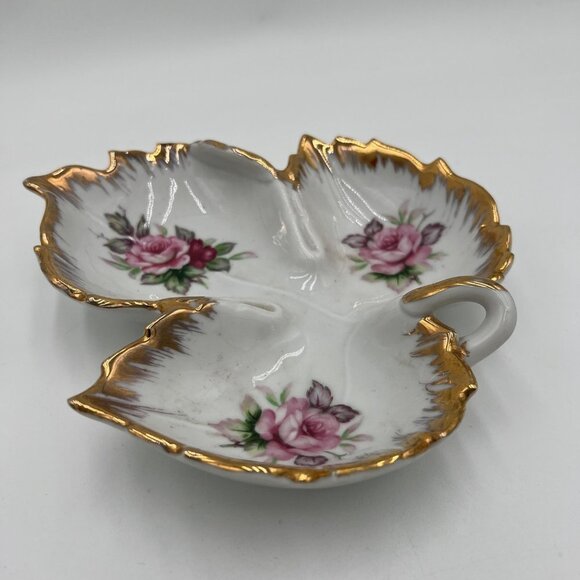 Lefton Leaf Shaped Candy Dish with Hand Painted Roses and Gilt Edge - Picture 4 of 12